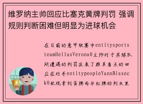 维罗纳主帅回应比塞克黄牌判罚 强调规则判断困难但明显为进球机会